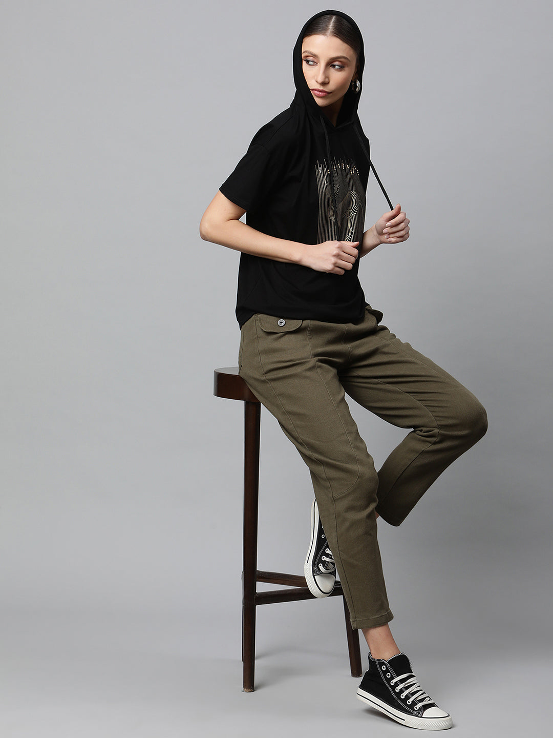 Women Black Regular Fit Hooded Embellished T-Shirt - Global Republic