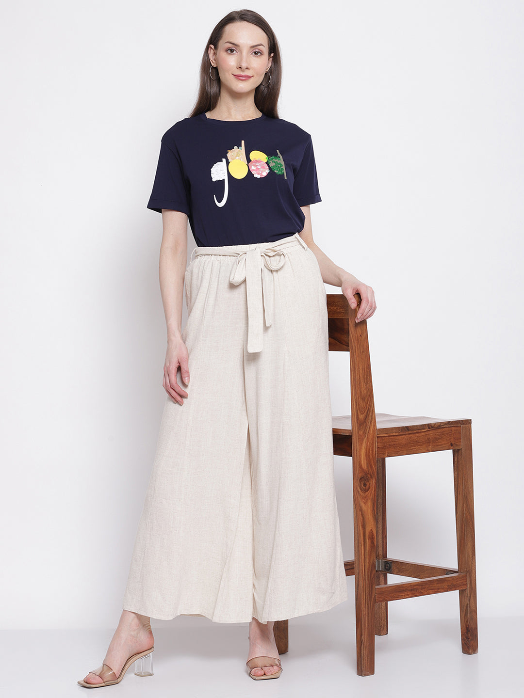 Women Navy Blue Printed Top with Knot Details at Hem