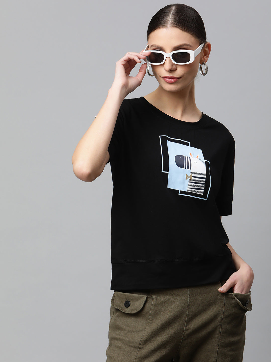 Women Regular Fit Black Animation Graphic Cotton T-Shirt - Global Republic