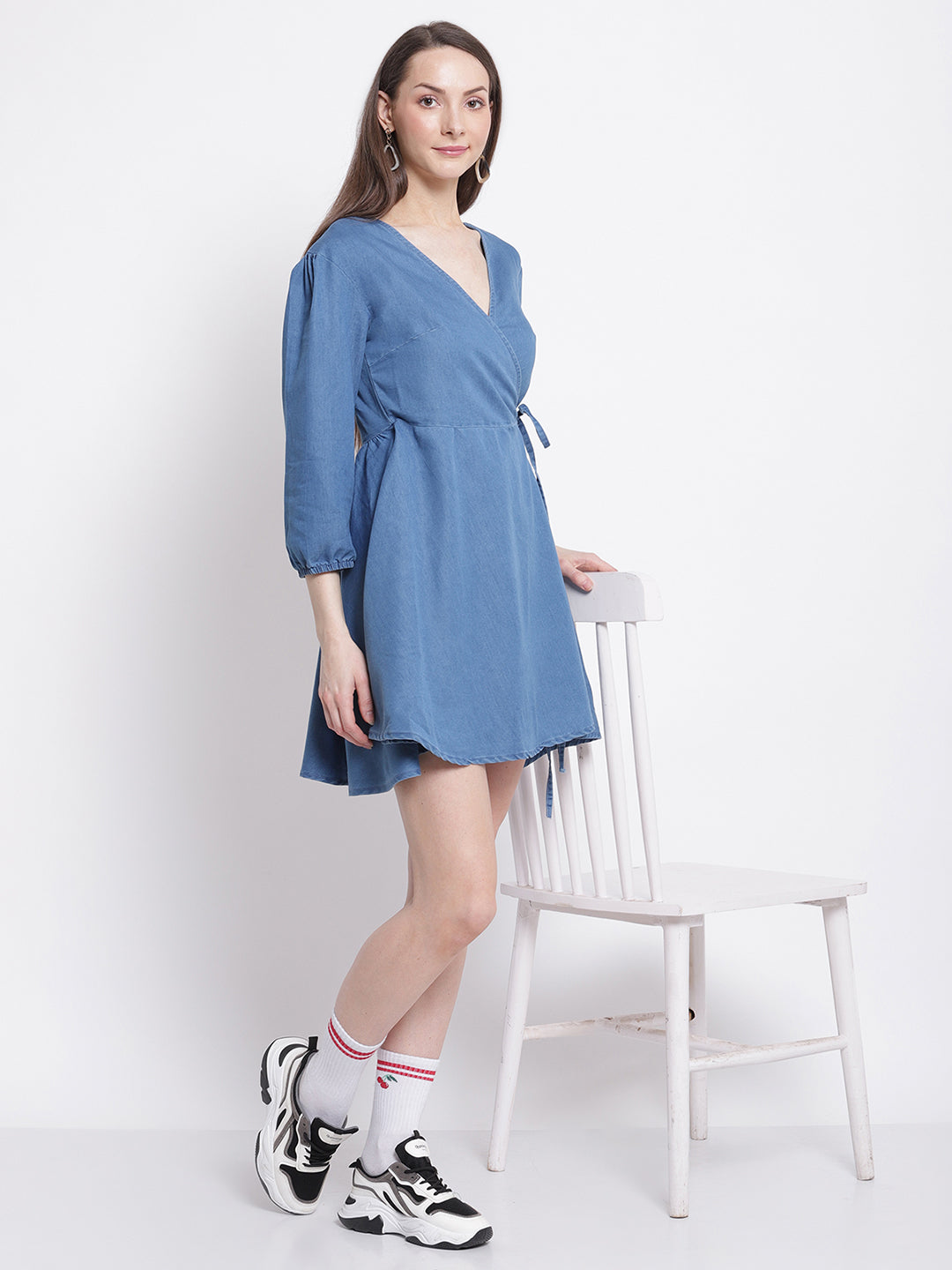 women light blue denim solid denim dress