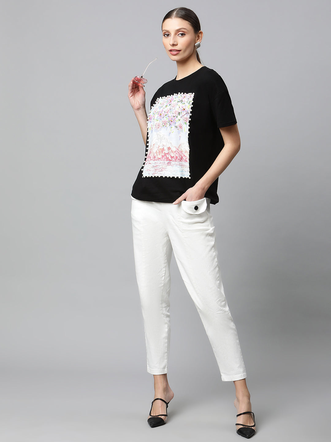 Black Floral Embellished T-Shirt - Global Republic