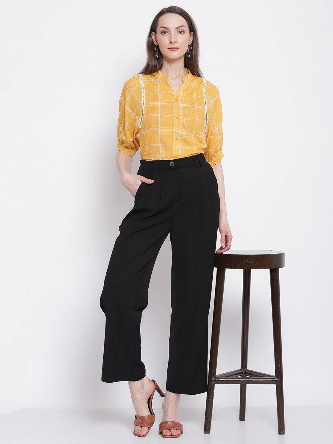 women mango yellow checkty check topshirt