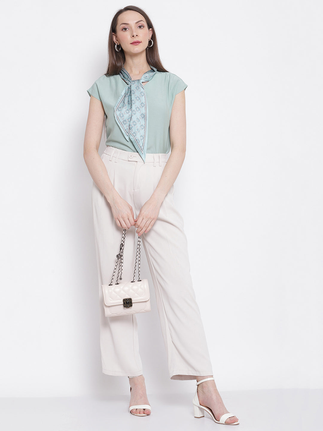 Women Solid Green V-Neck Top with Scarf