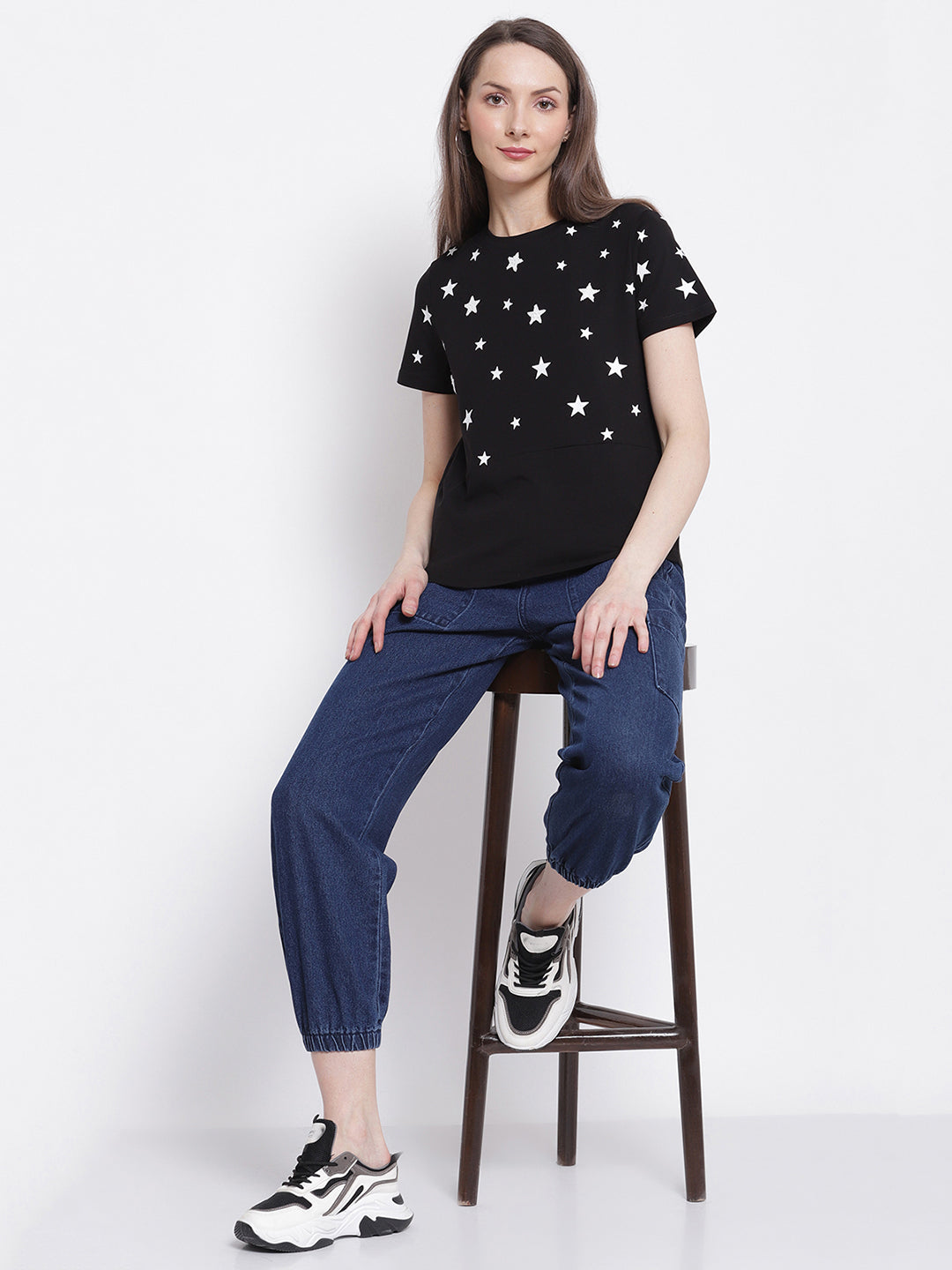 Women Stars Printed Black Top