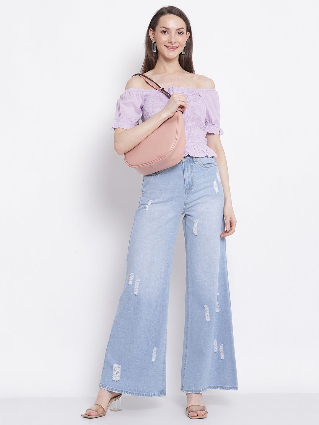 Women Lavender Off-Shoulder Top with drawstring knot at front