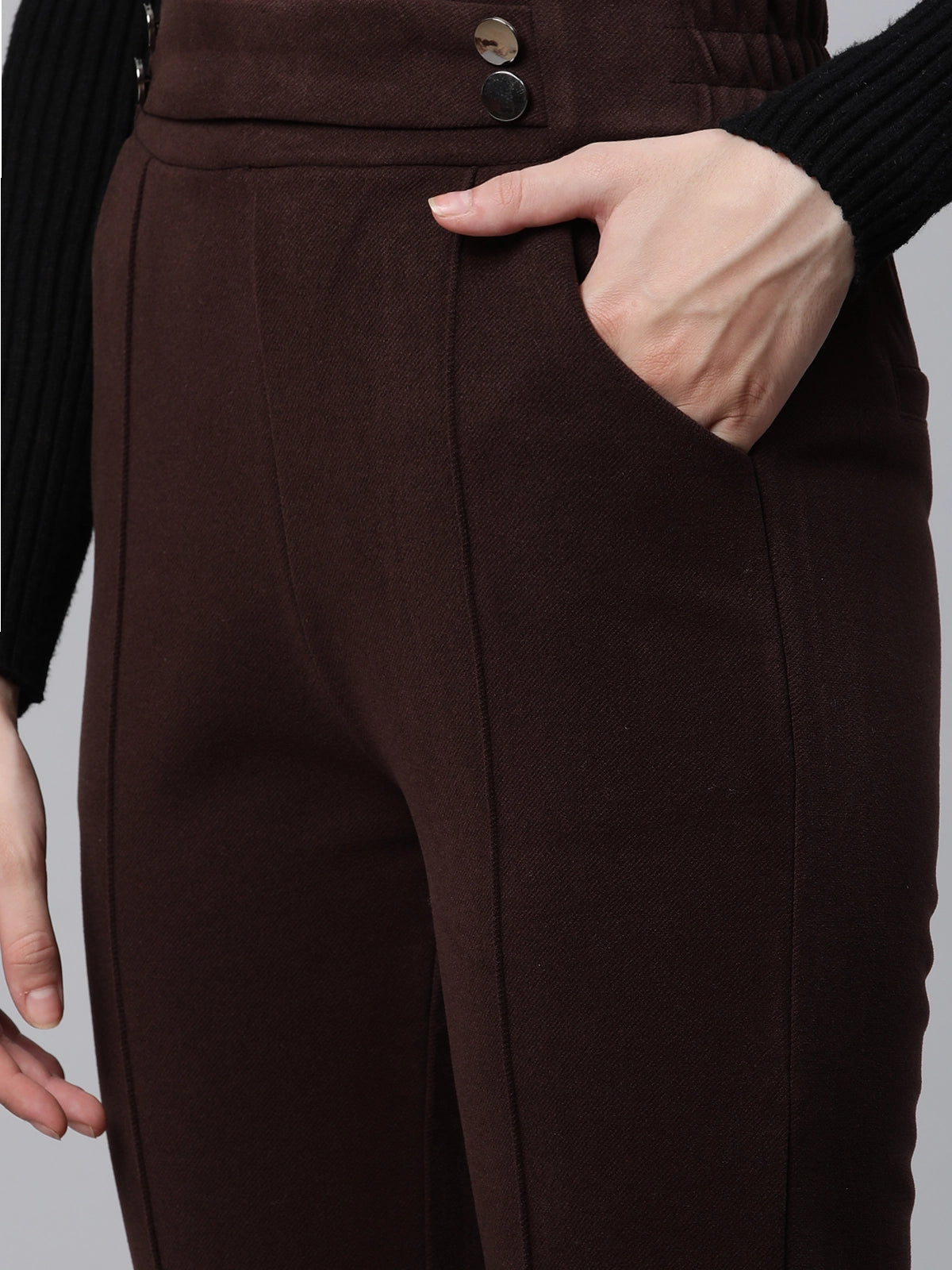 Solid High Rise Brown Flared Trousers