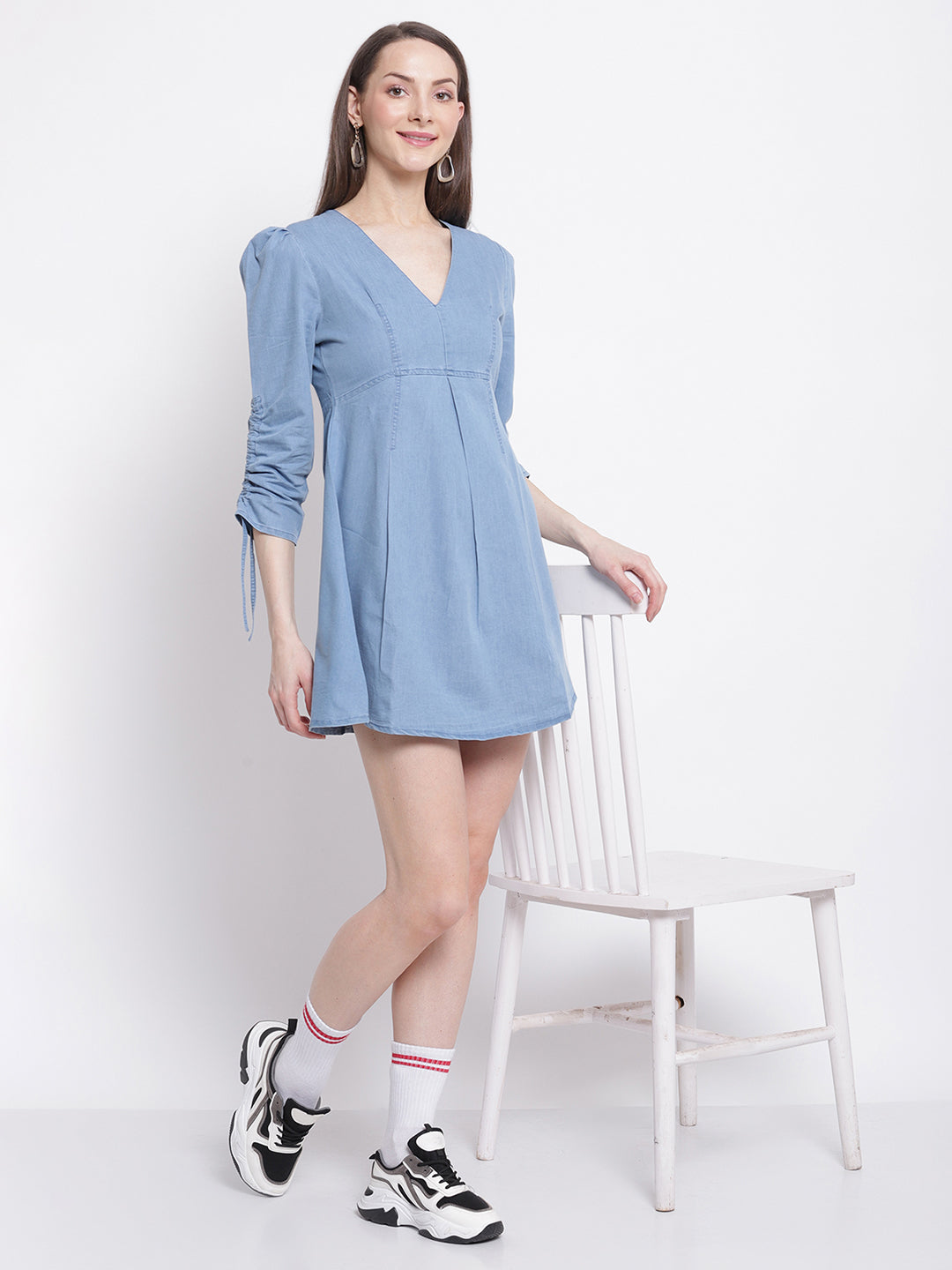 sky blue denim flared dress for women