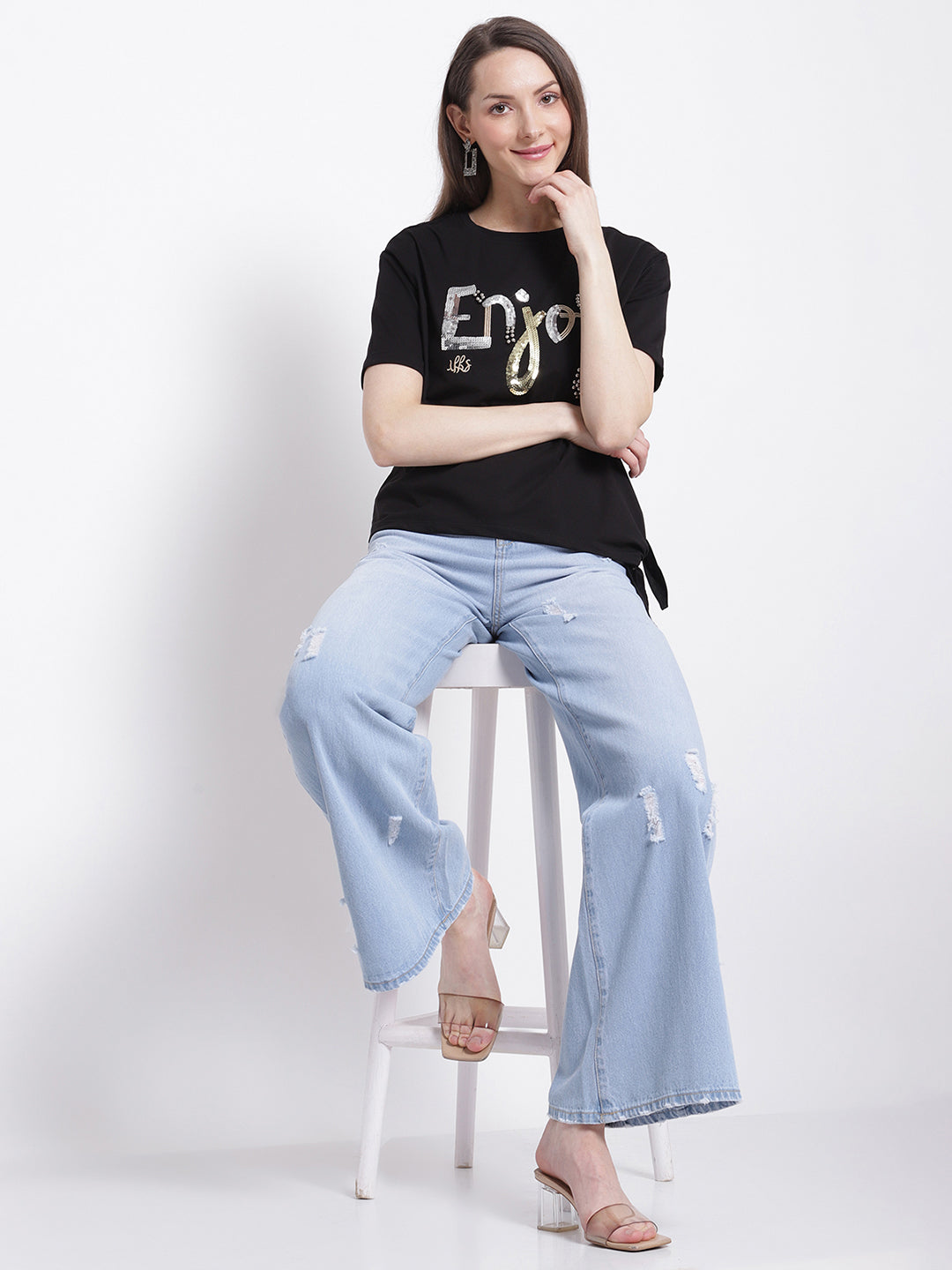 Women Black Printed Top with Knot Details at Hem