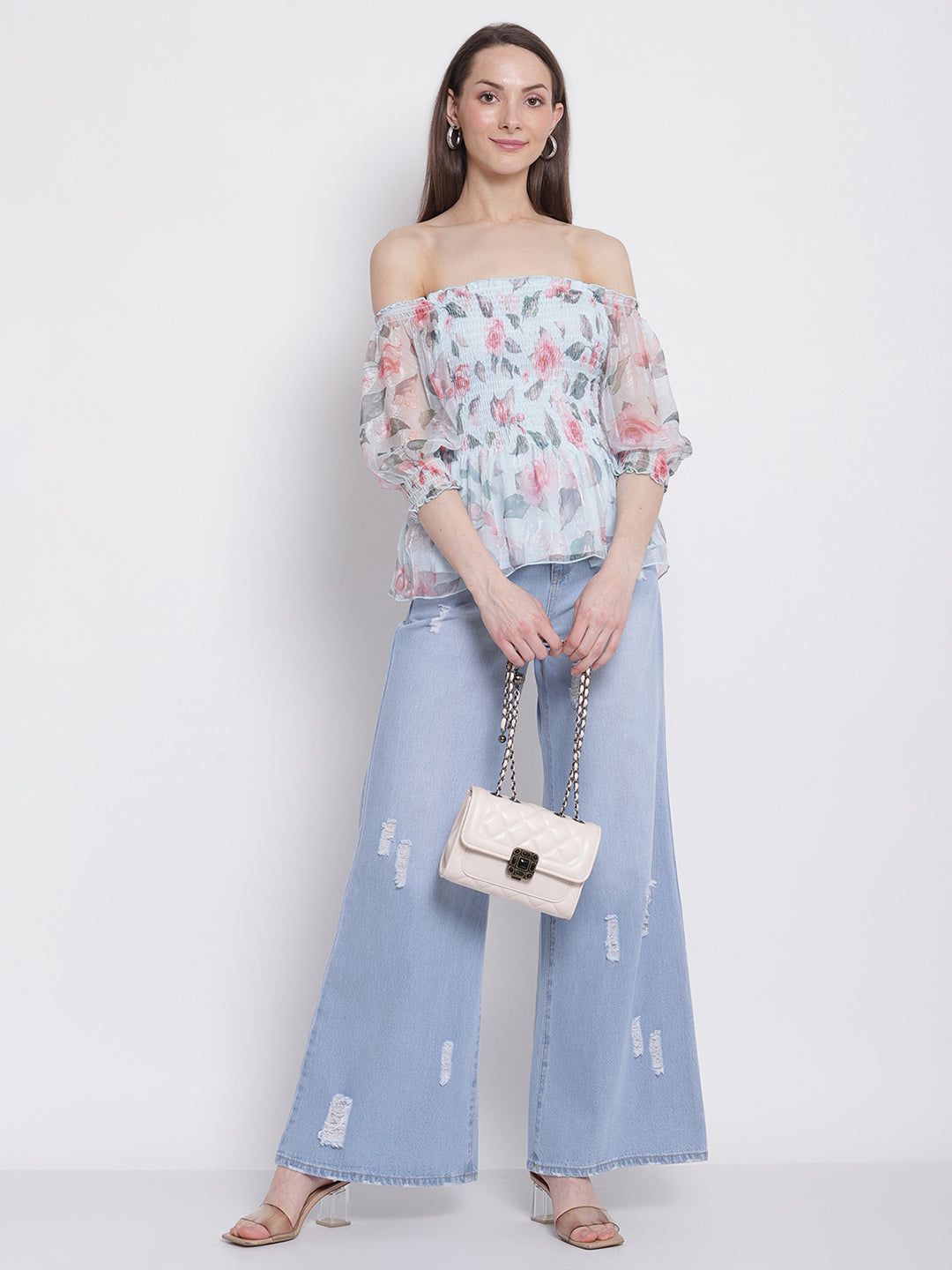 Women Off-Shoulder Blue Floral Print Peplum Top