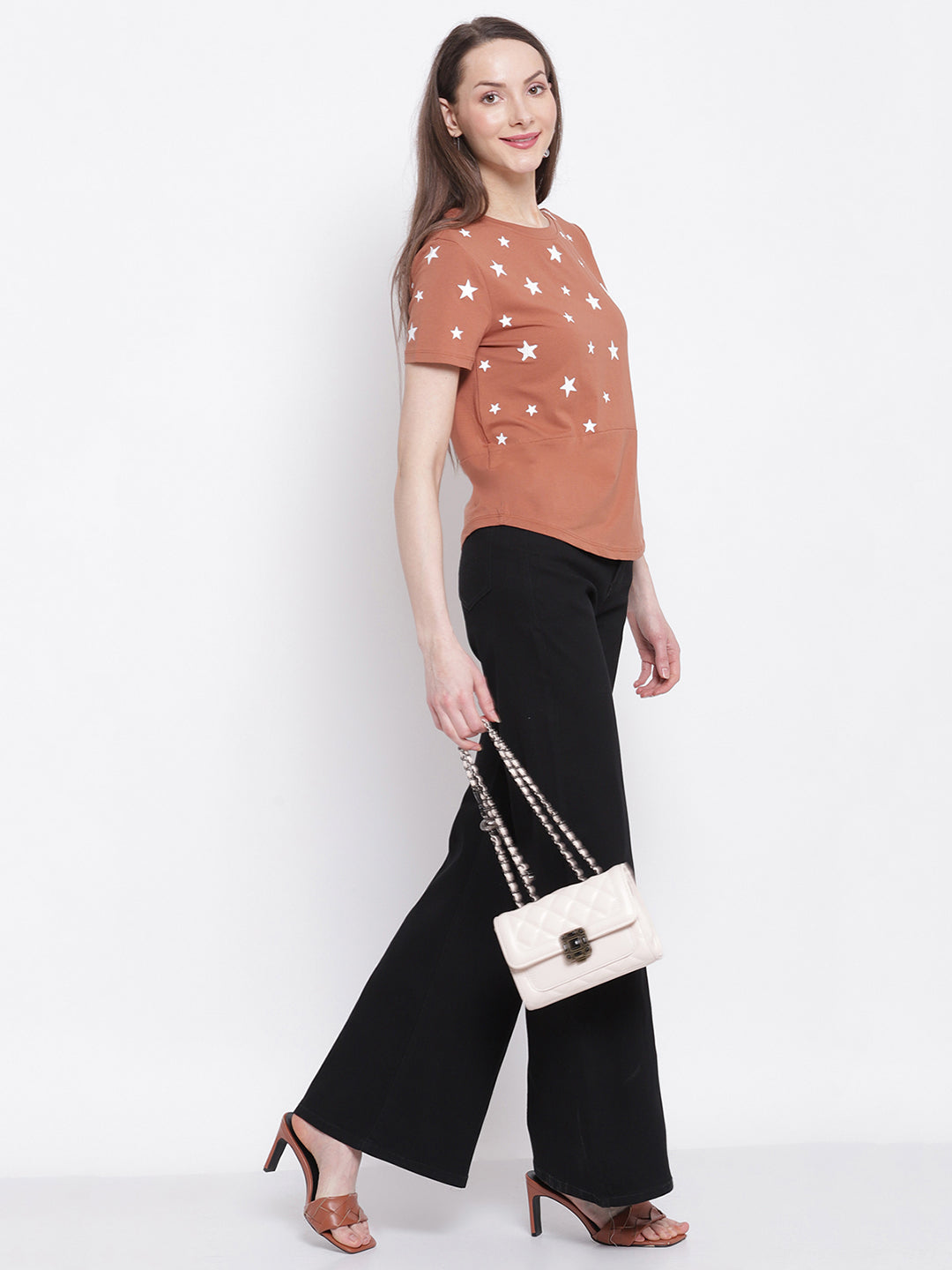 Women Stars Printed Brown Regular Fit T-Shirt