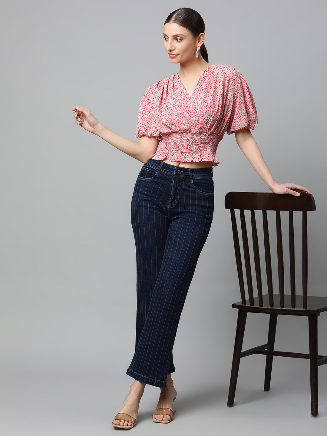 Women Pink Elasticated Hem Floral Print Cropped Top