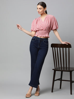 Women Pink Elasticated Hem Floral Print Cropped Top
