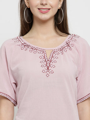 Women Pink Solid Round Embroidered Neck Top