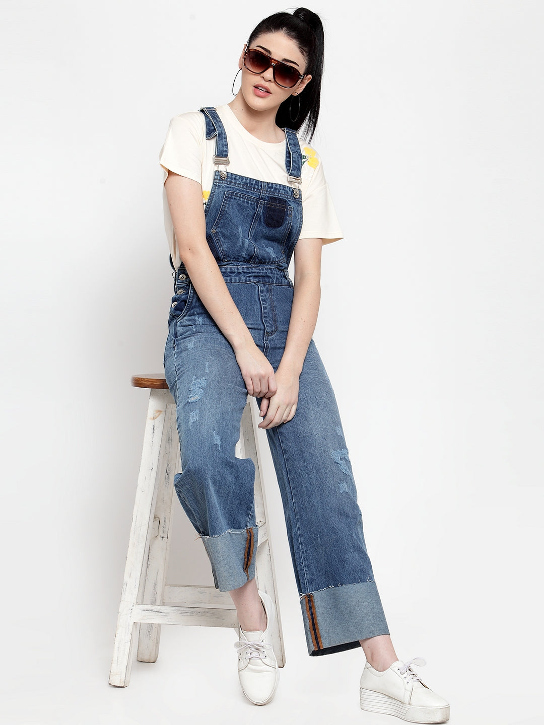 Women Blue Denim Solid Dungaree