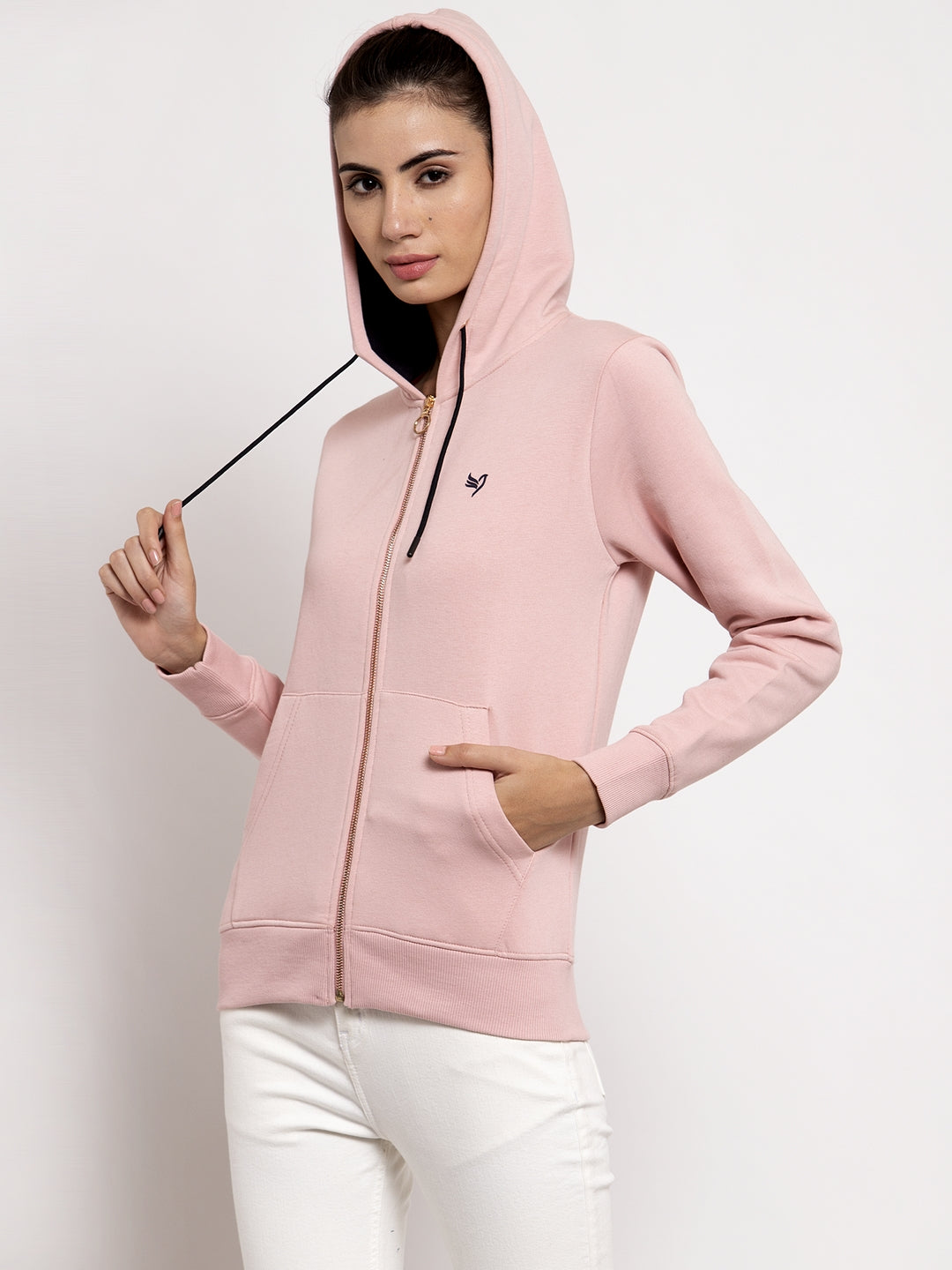 Women Pink Solid Hooded Sweatshirt