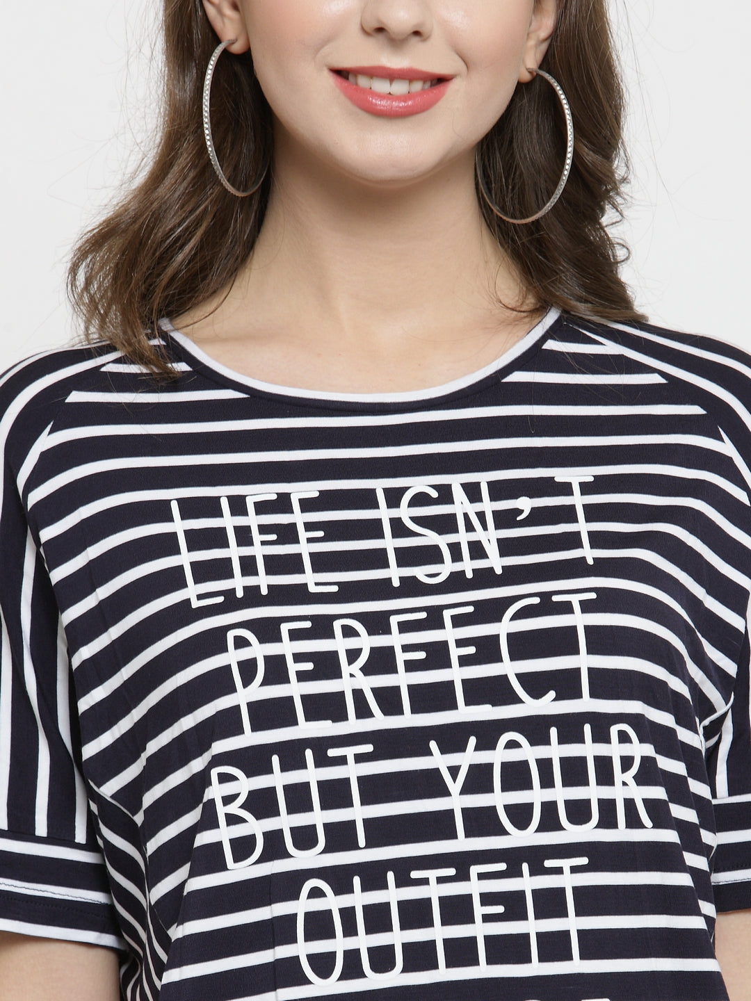 Women Navy Blue Striped Round Neck Regular Fit T-Shirts