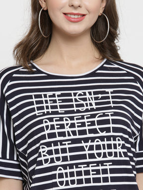 Women Navy Blue Striped Round Neck Regular Fit T-Shirts