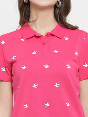 Women Pink Printed Collar Regular Fit T-Shirts