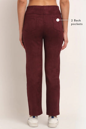 Ankle-Length Solid Maroon Suede Jegging