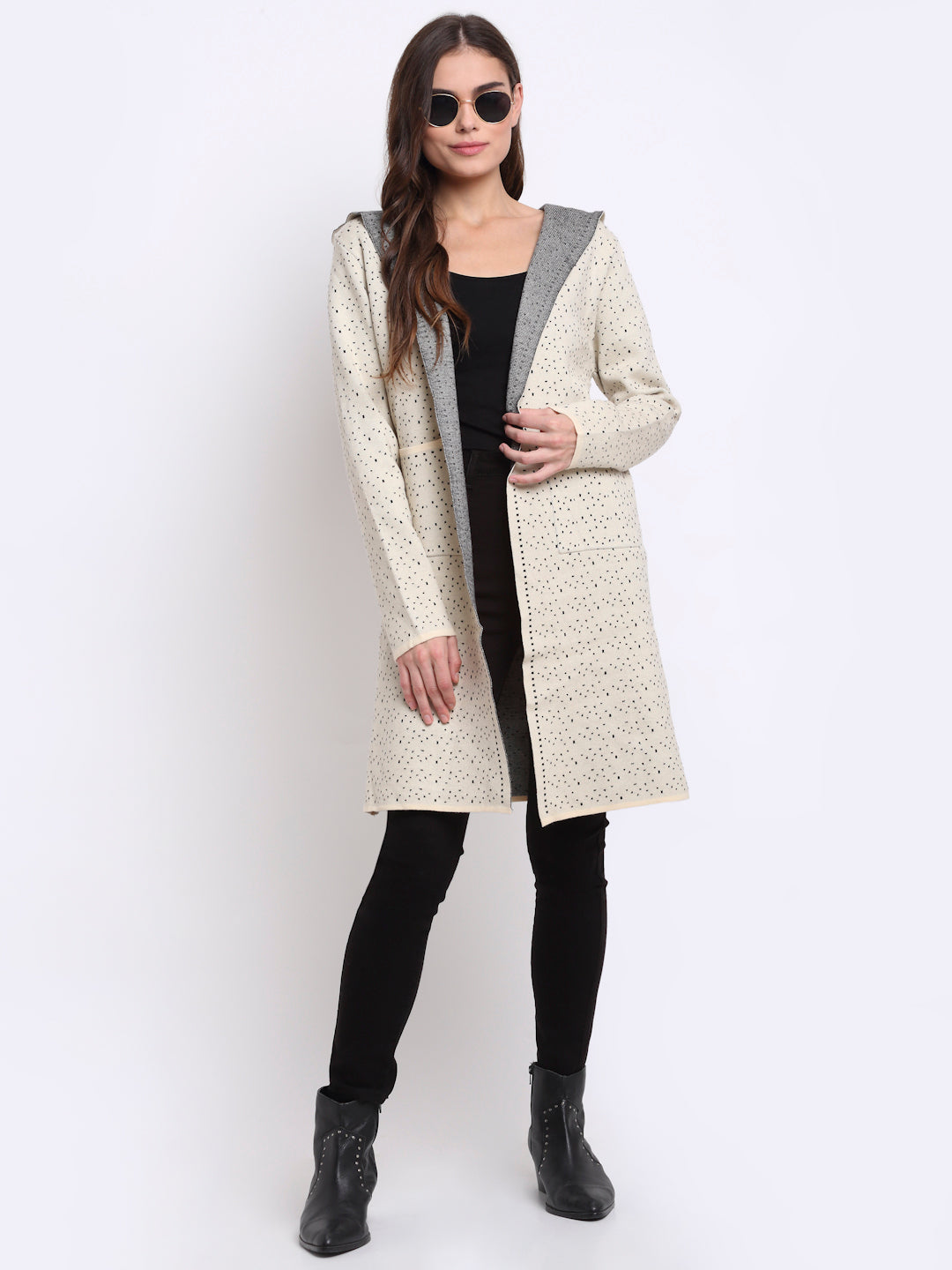 Women Beige Hooded Knitted Loose Fit Shrug