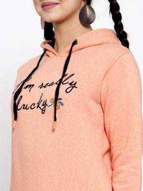 Women Printed Orange Hood Sweatshirt
