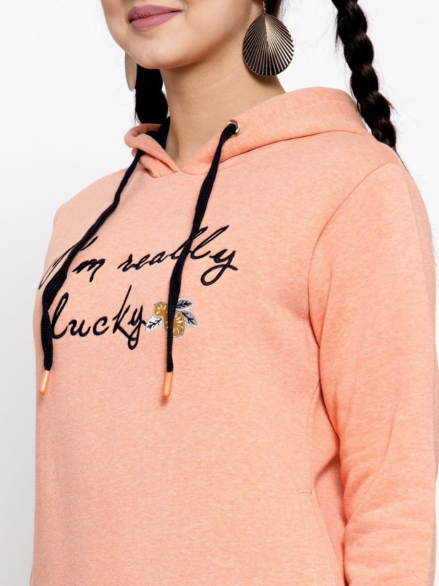Women Printed Orange Hood Sweatshirt