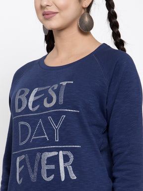 Women Printed Navy Blue Round Neck Sweatshirt