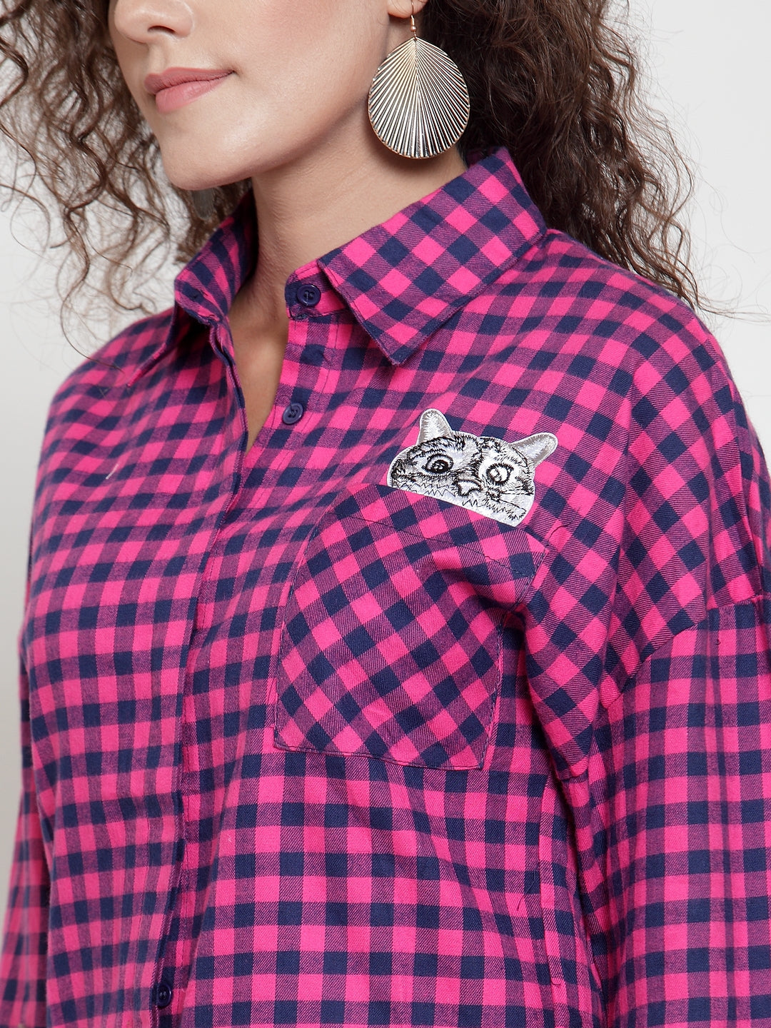 Women Pink Checked Shirt With Embroidered Cat