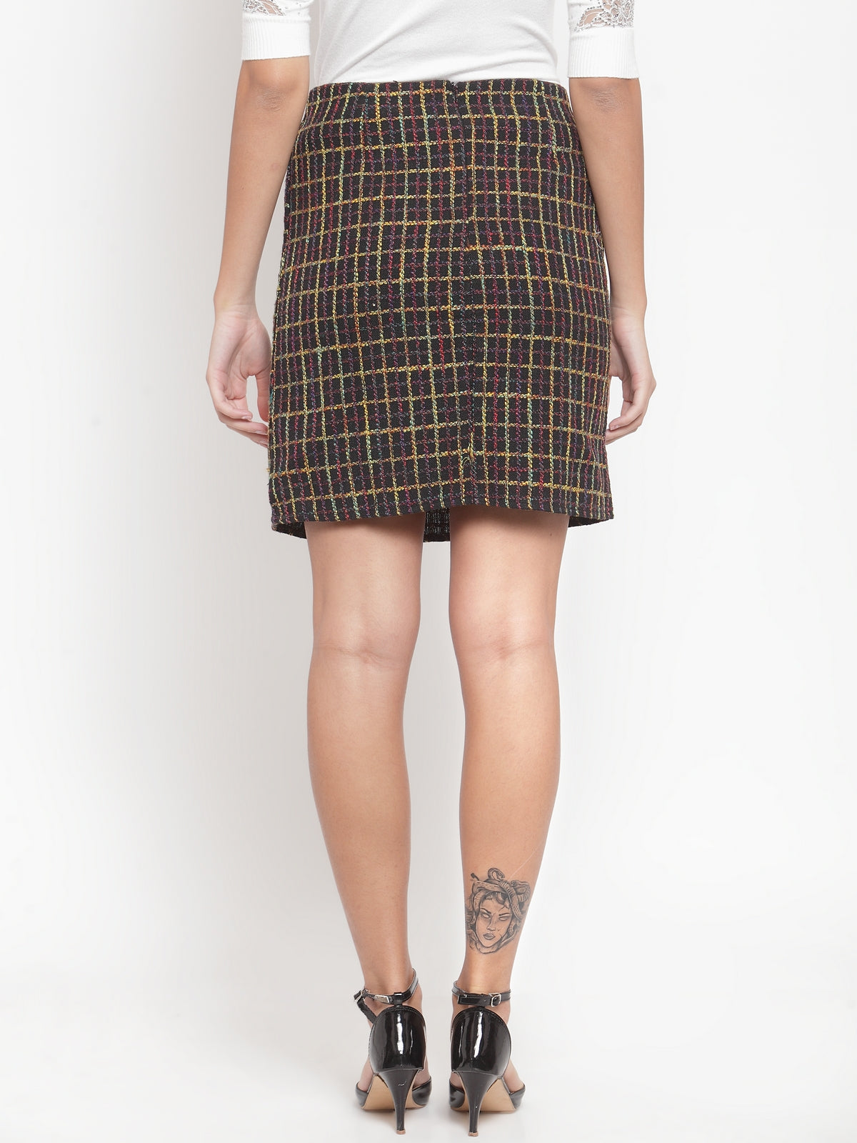 Women Checked Black Texture Skirt