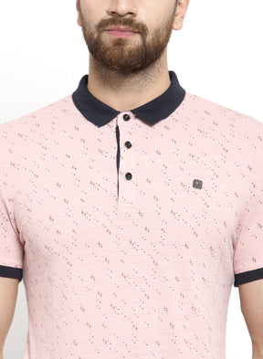 Men Pink Abstract Mini Lines Polo T-Shirt