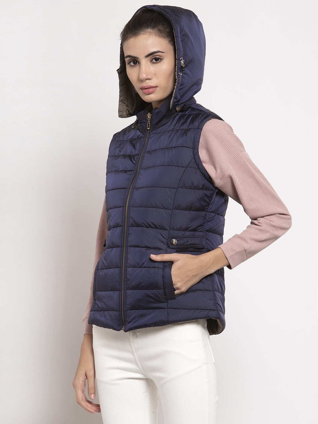 Women Navy Blue Solid Hooded Reversible Jacket