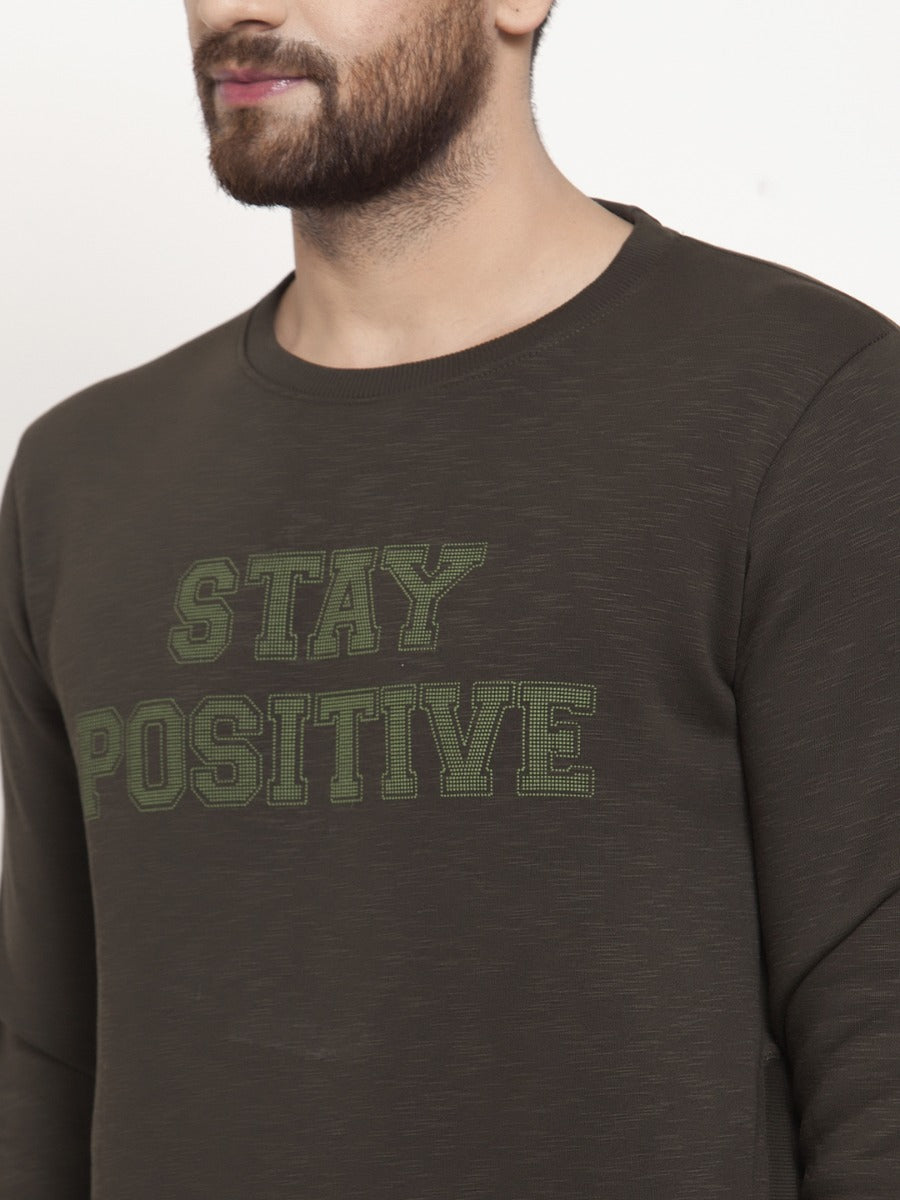 Mens Printed Olive Round Neck Sweat Shirt
