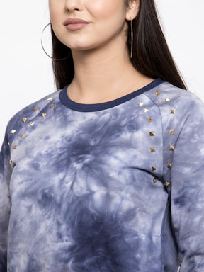 Women Solid Denim Round Neck Sweatshirt