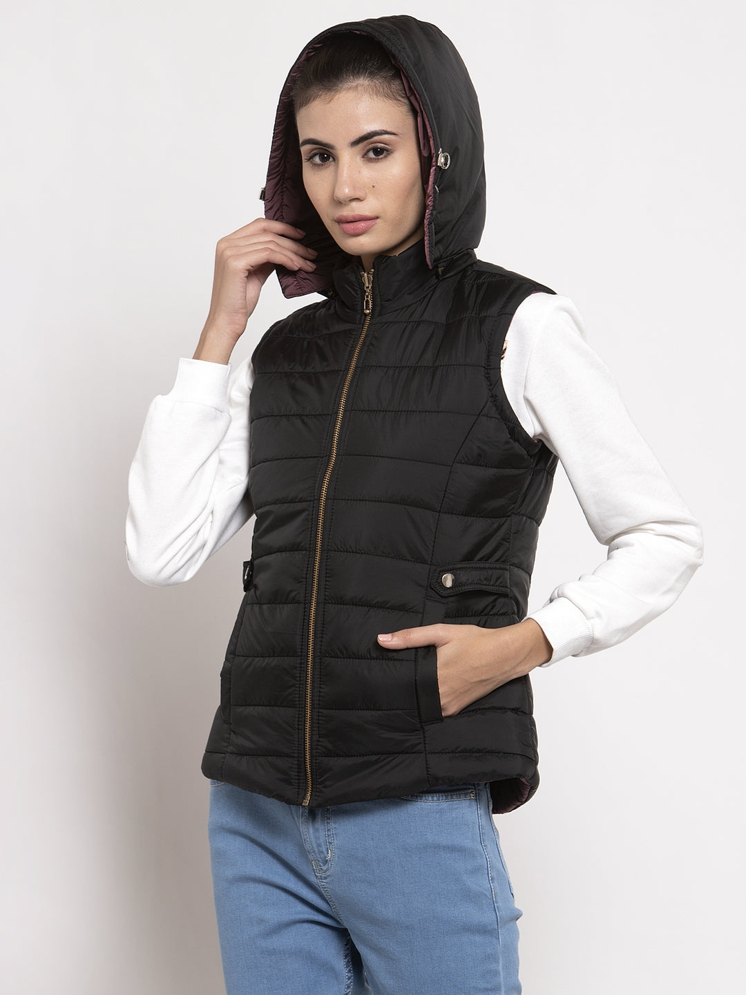 Women Black Solid Hooded Reversible Jacket