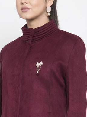 Women Solid Wine Faux Velvet Coat
