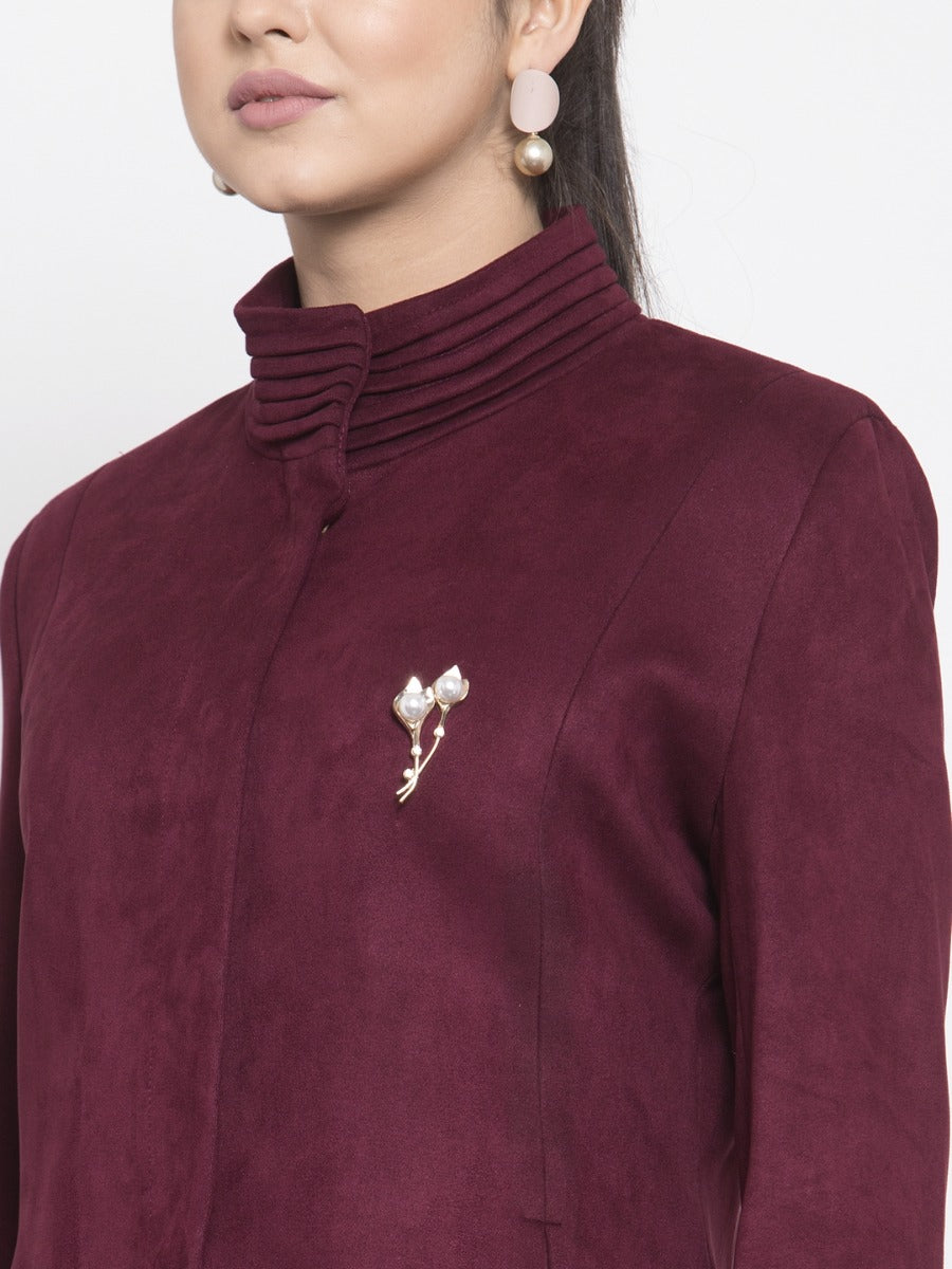 Women Solid Wine Faux Velvet Coat