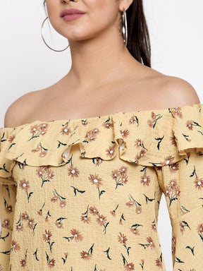 Women Flower Print Mustard Off Shoulder Top