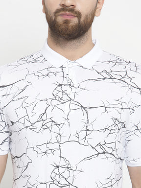 Men White Marble Printed Polo T-Shirt