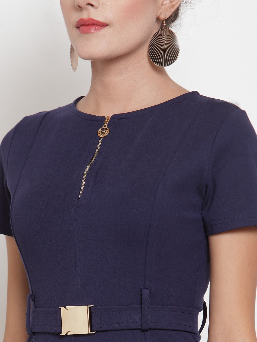 women navy blue shift dress with pockets