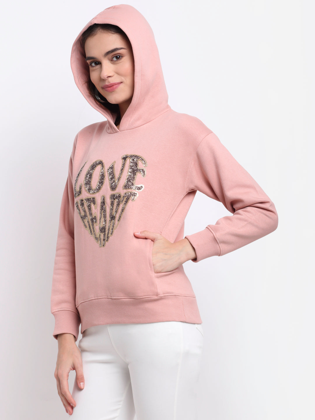 Women Pink Hooded Printed Hosiery Sweatshirt