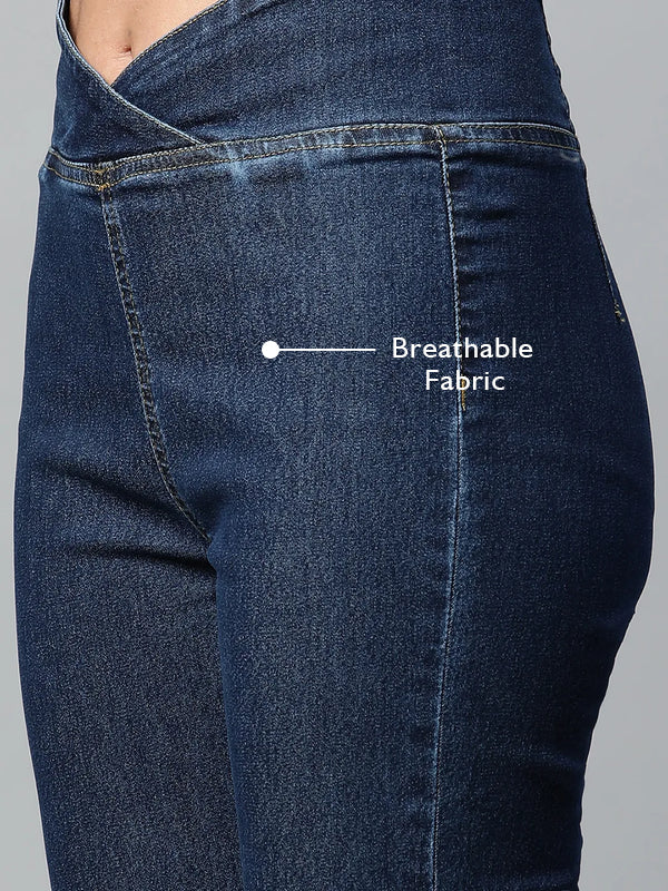Dark Blue V-shape Waist Denim Bootcut Jegging