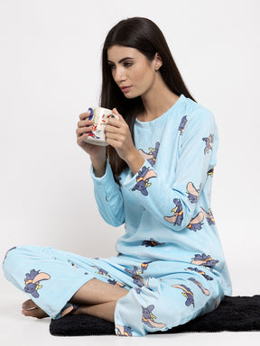 Women Blue Printed Round Neck Night Suit