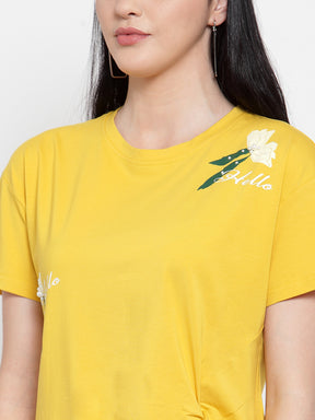 Women Mustard Hosiery Printed T-Shirt