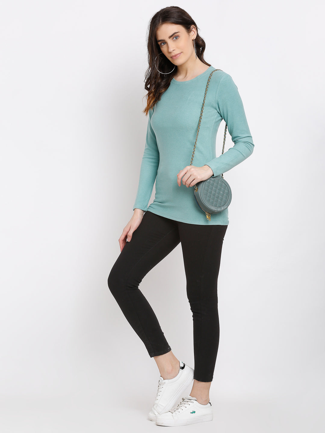 women turquoise blue polyester solid top