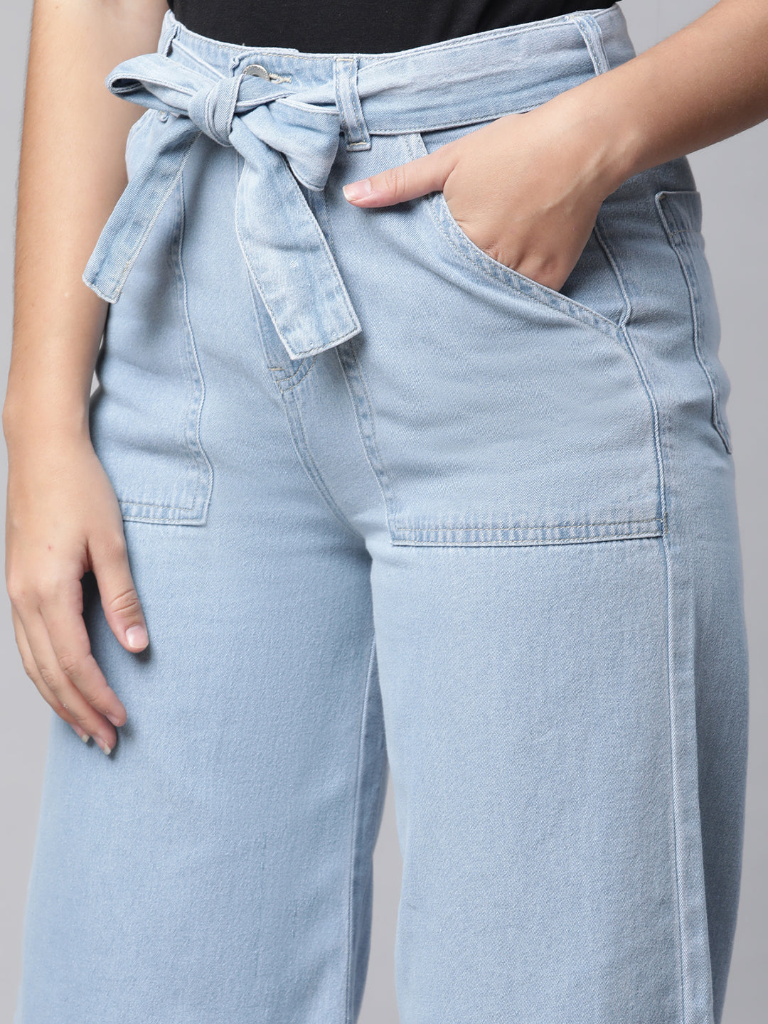 Calf-Length Sky Blue Denim Culottes For Women