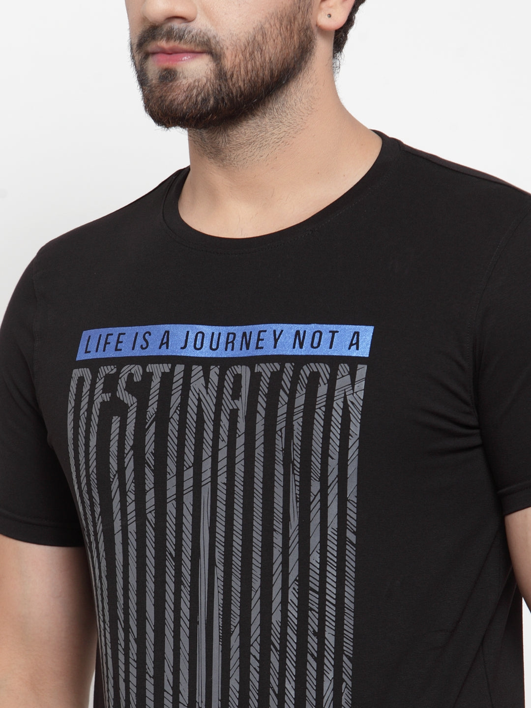 Mens Black Round Neck Printed T-Shirt