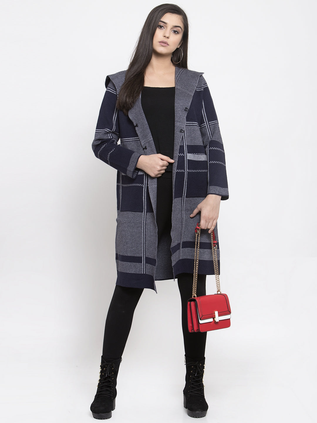 Women Charcoal Navy Blue Checked Longline Hooded Shrug