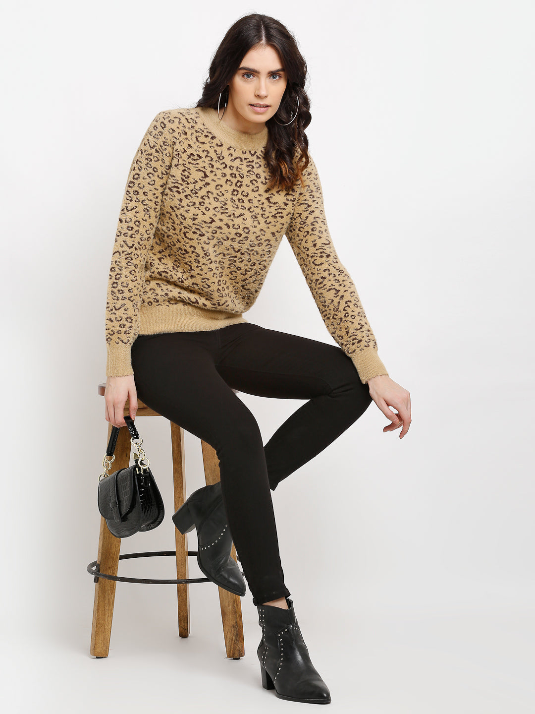  Beige Knitted Printed Round Neck Pullover