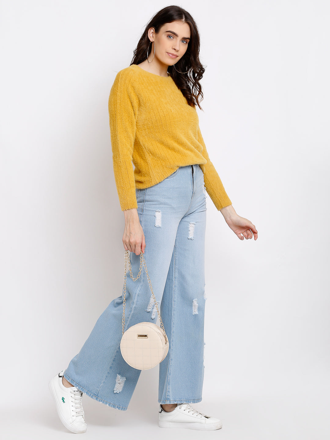 Women Mustard Knitted Solid Round Neck Pullover - Global Republic