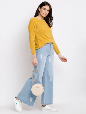 Women Mustard Knitted Solid Round Neck Pullover
